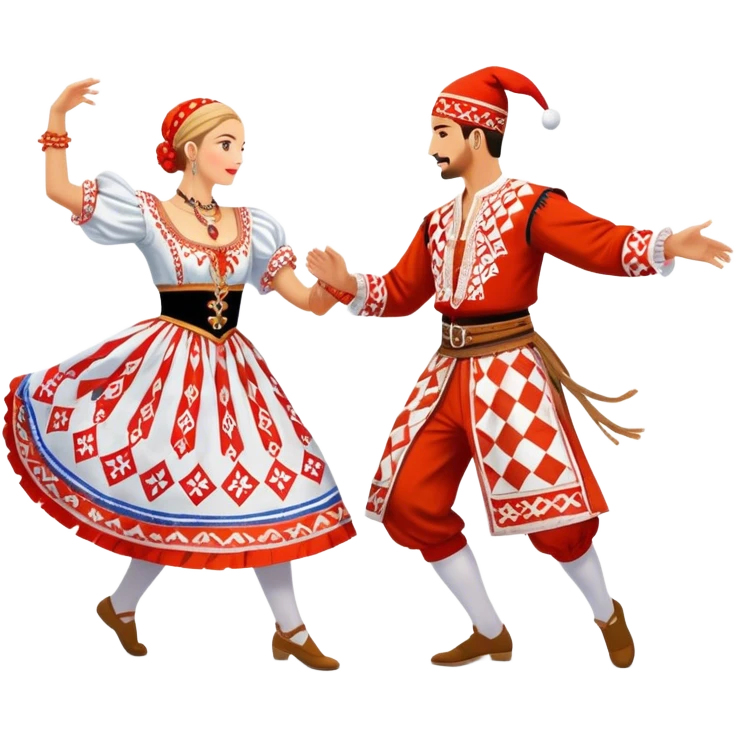 Cinematic Realistic scene of two performers engaging in the Croatian Linđo folk dance, adorned in vibrant traditional costumes with intricate patterns and accessories, captured in graceful, synchronized motion under festive natural lighting. emoji