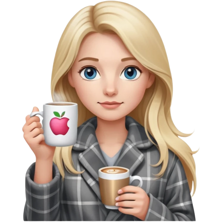 girl
blue eyes
long blond hair
wearing grey plaid housecoat
holding a white mug of coffee
wearing rose gold apple watch  emoji