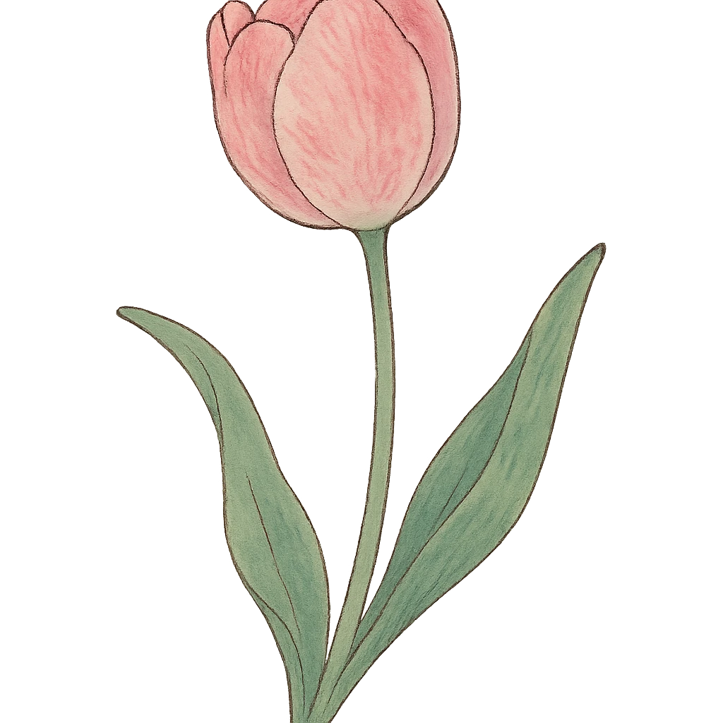 single soft pink tulip with watercolor petals, green stem, curved soft leaves, elegant hand-painted style in ghibli style emoji