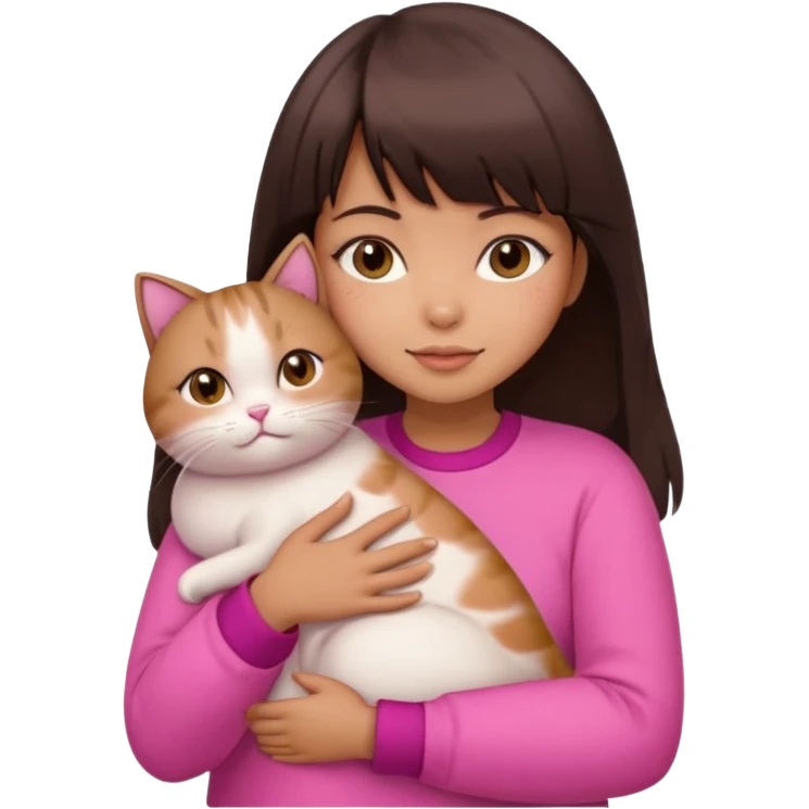 beautiful woman with dark brown straight hair and bangs, brown eyes wear a pink clothes and hugs a cute chubby cat emoji