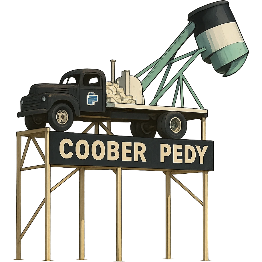 Такая же картинка с надписью Coober Pedy в слегка рисованном, но при этом объёмном стиле, прозрачный фон emoji