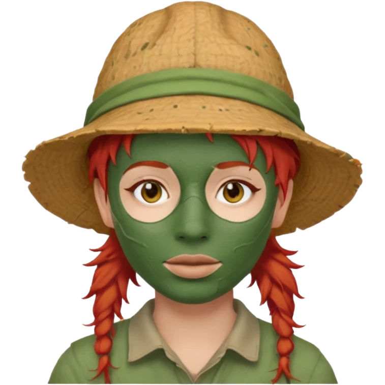 messy green full face clay mask and tourist hat red hair  emoji