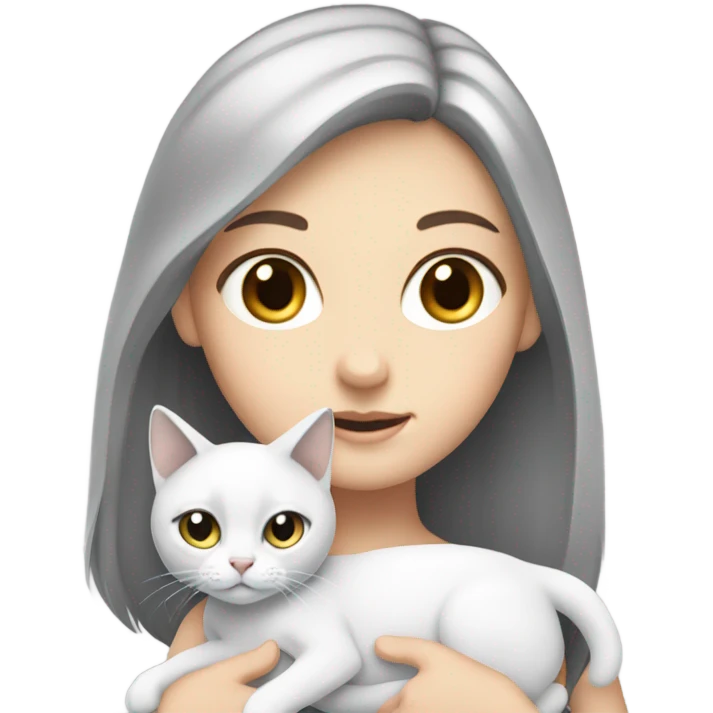 a white girl with a white cat on her hands, a cat have a gray ears and tail emoji