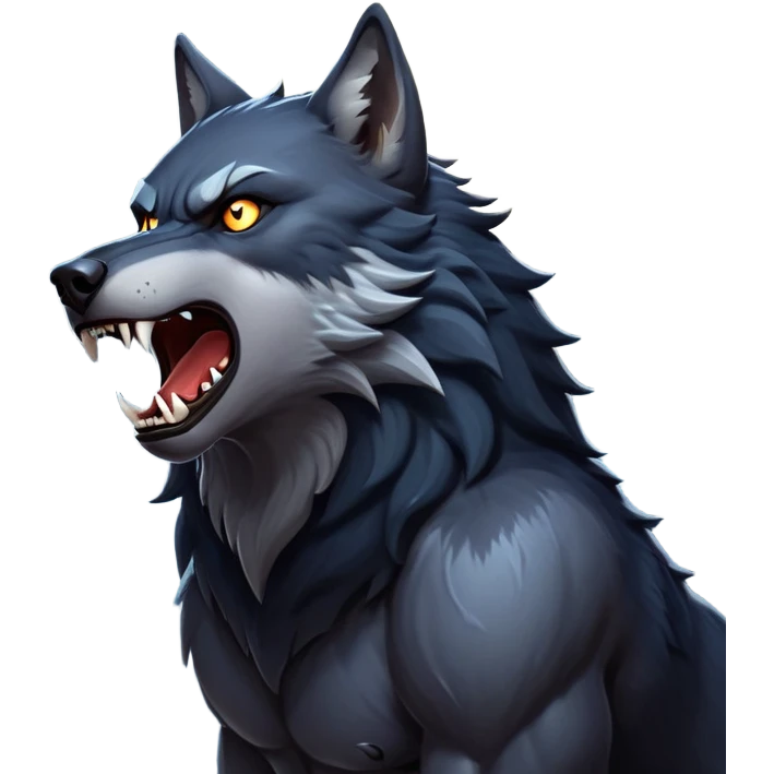 cinematic-noble-fierce-werewolf-howling-portrait-emoji, poised-and-imposing, with a fierce wolfish face tilted upwards in a haunting howl, glowing eyes full of primal ferocity, sharp, and a rugged snout, fur rippling in shades of midnight black and silver, muscles tensed as the powerful howl echoes beneath the moonlit sky; rendered with realism, capturing the raw, untamed power of the beast in its wild, primal state emoji