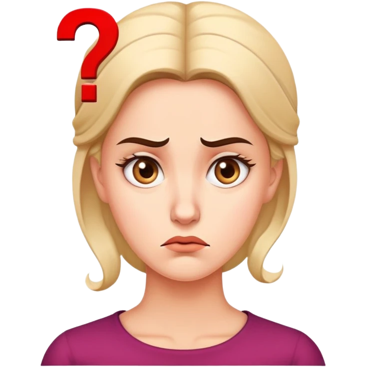 A woman with a confused facial expression, furrowed brow, and question mark above her head emoji