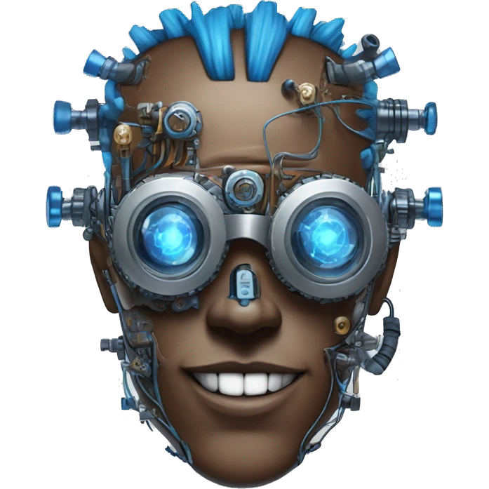 Brown cyborg head with blue Mohawk, blue beard, silver steampunk monocle goggles a smile and circuits emoji