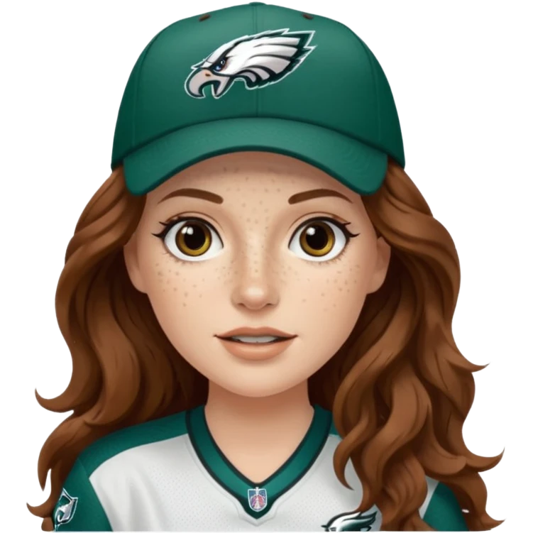 White girl with long brown wavy hair and freckles wearring a Philadelphia eagles jersey and hat emoji