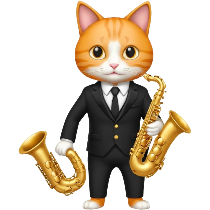 orange cat play gold saxophone, wear black suit emoji