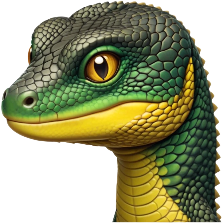cinematic-realistic-cute-monitor-lizard-portrait-emoji,-head-tilted-playfully-and-inquisitively,-featuring-a-compact,-agile-body-with-finely-detailed,-glossy-scales-in-earthy-black and yellow-hues-and-a-distinct,-alert-face-with-bright,-curious-eyes, black , yellow spotted and green band  scales and a slender neck emoji