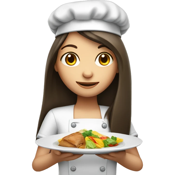 Brunette long straight hair girl holding food plate in a cook hat emoji