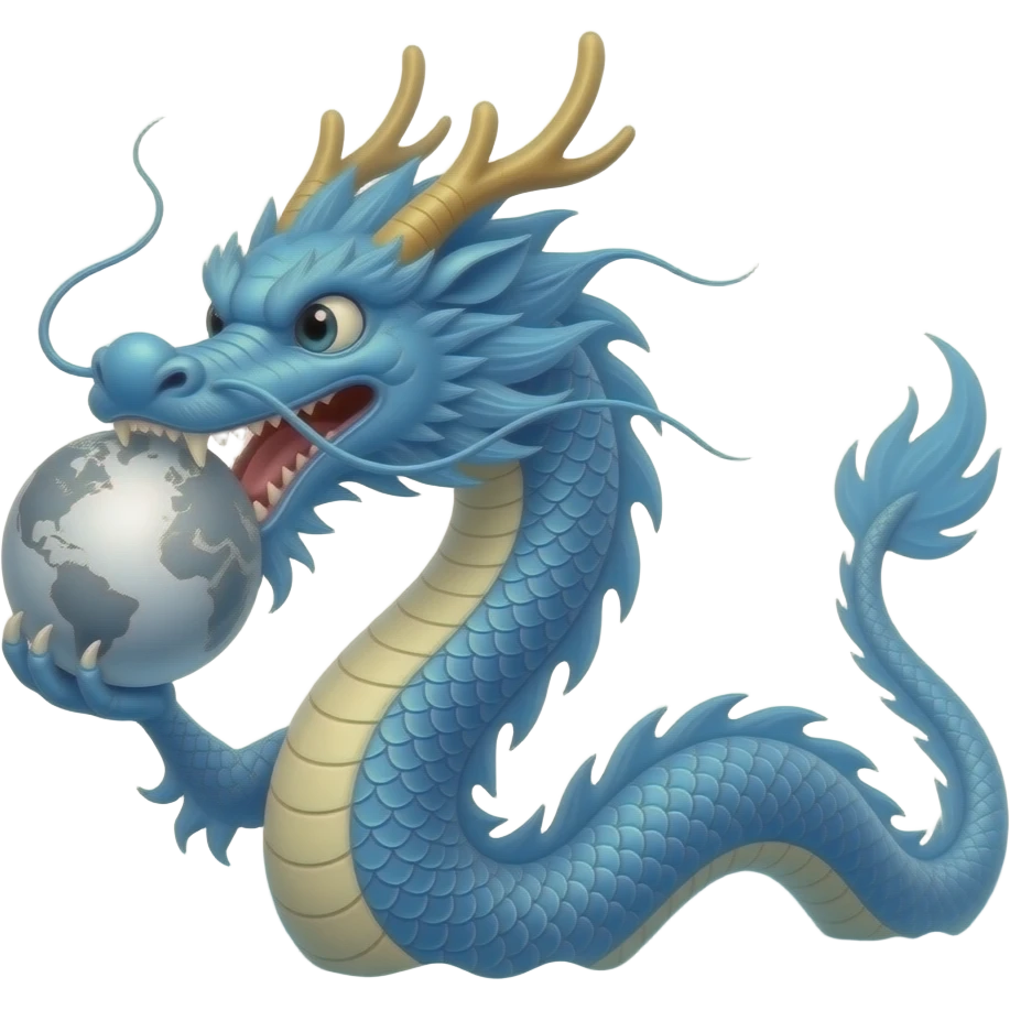 A blue Chinese serpentine dragon emerges from the sea and hovers above the surface, holding a silver planet in its teeth. emoji