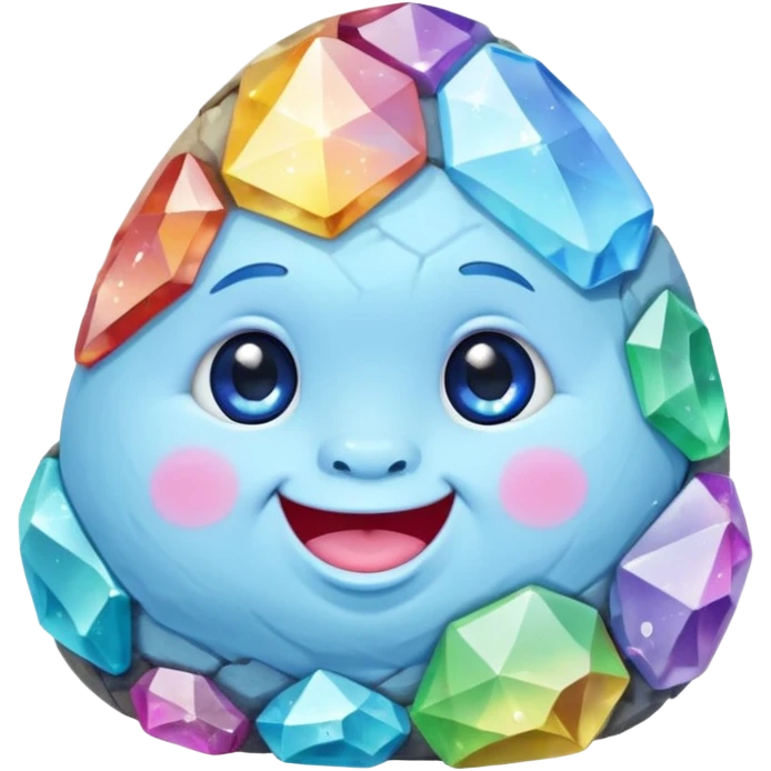 A single pastel rainbow crystal baby rock character, chubby and heavy with a chunky, irregular polygon shape, not egg-shaped, covered in faceted crystal planes and small chips, soft blue face carved into the rock, big glossy rainbow eyes and a small smiling mout emoji