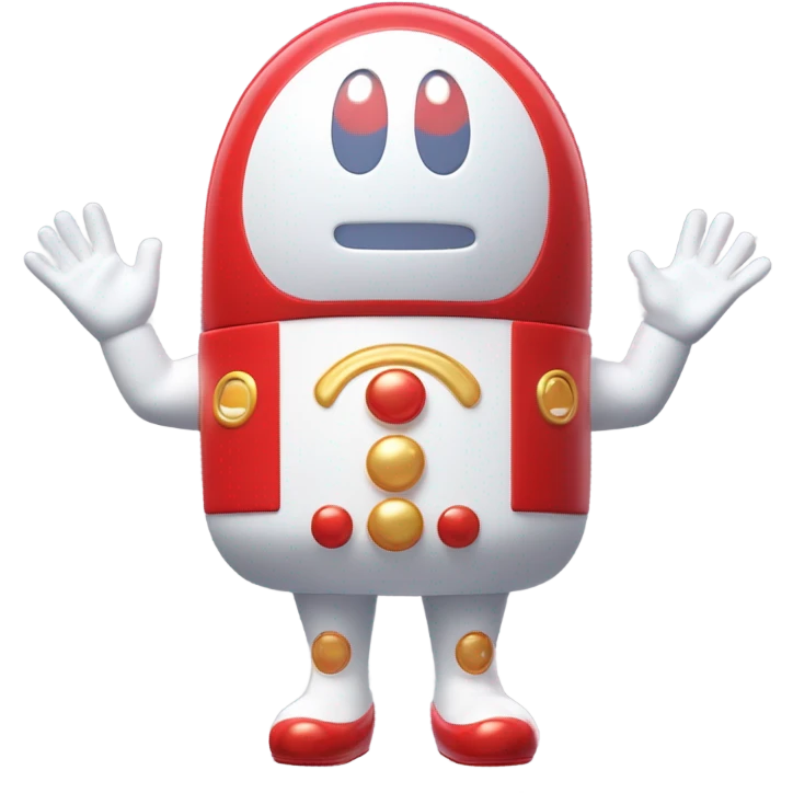 Very shiny full body character with pill capsule head with retro antennae and jetsons aesthetic sailor moon eyes  puffy body and welcoming waving arms Japanese animation inspired Anpanman with big boots and antennae red and white colors only emoji