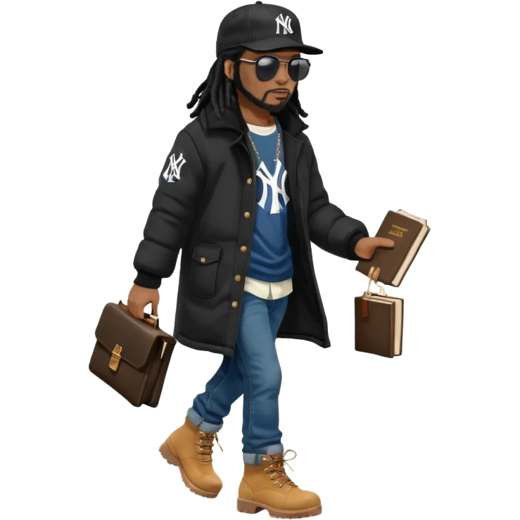 African American man with shoulder length black dreadlocks and black sunglasses wearing a black New York Yankees baseball hat wearing a black bubble winter coat with denim skinny jeans and timberland boots waking with a bible in hand emoji