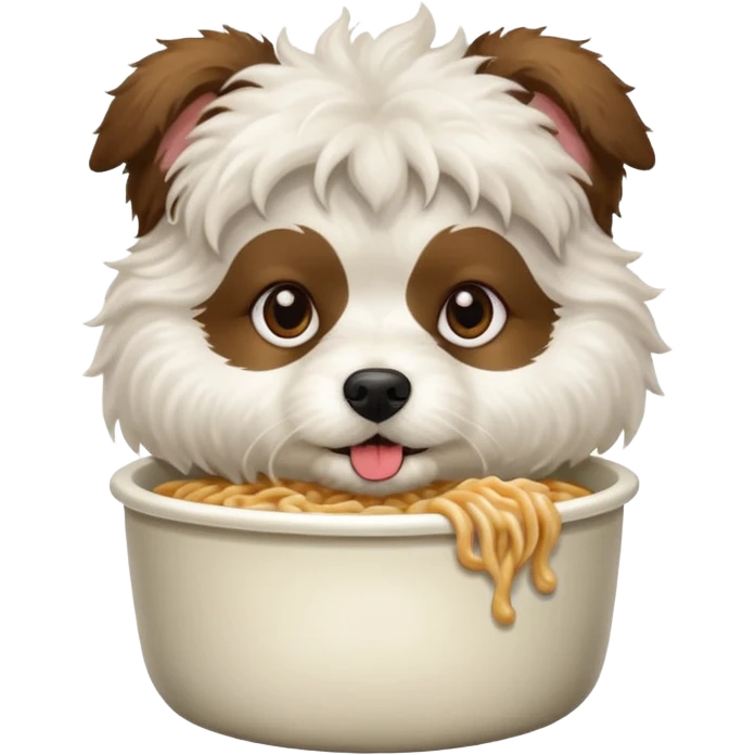 a brunette white wooly dog eating a pot noodle emoji