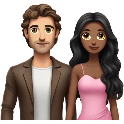 A handsome pale Greek god man who has long brown hair and tanned skin with a pretty black skinny tall model woman who has long black hair and she is wearing a pink dress and they are a couple emoji