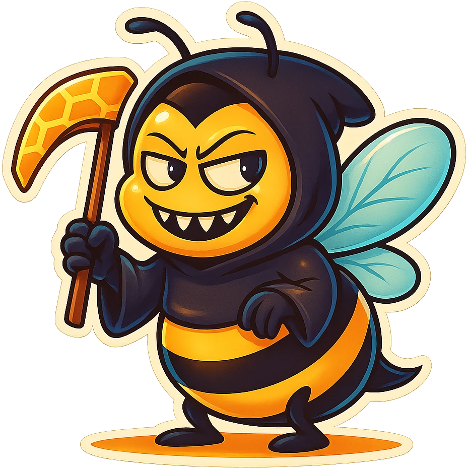 Give this mischievous cartoon bee grim reaper a honeycomb-shaped scythe instead of the regular one in retro stickers style. emoji