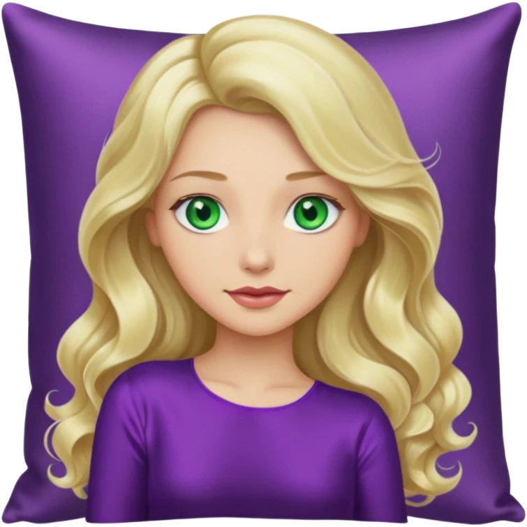 lady with long wavy blonde hair, purple top, green eyes, head on pillow emoji