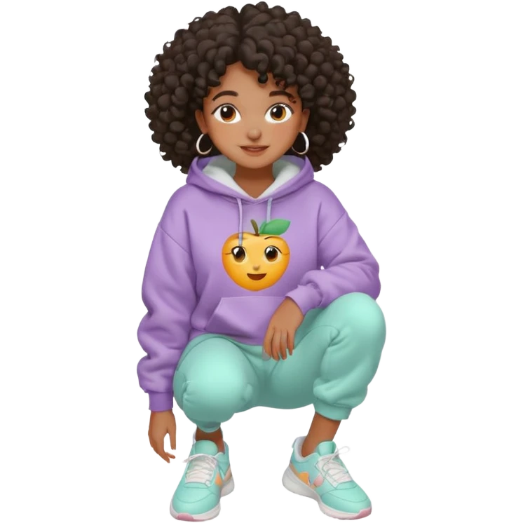 Black girl, clean girl aesthetic, 4C curly hair in a puff, pastel hoodie, white sneakers, minimal jewelry, soft smile, cozy vibe, bright colors, Apple-style emoji cuidando da pele skincare emoji
