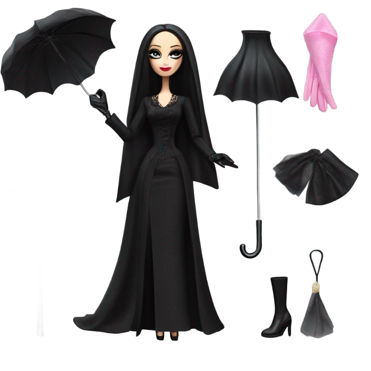 Funeral Barbie,teen Morticia Addams ,drying tears with handkerchief, show full body,accessories  gloves, funeral veil, holding umbrella  emoji