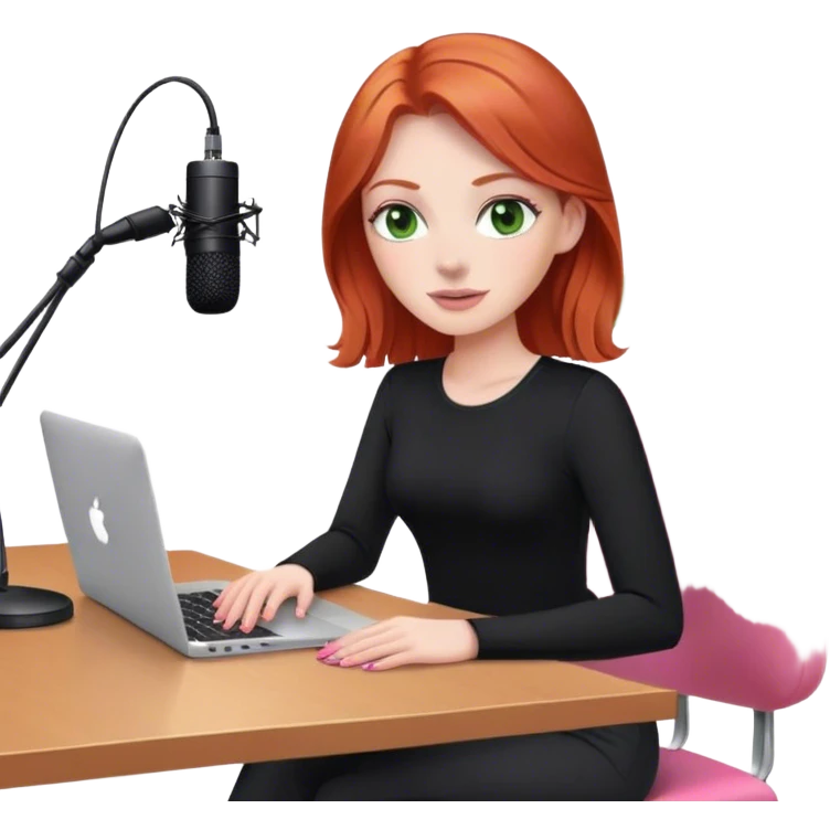 Redhead with green eyes sat at desk with pink MacBook and  podcast microphone black top and pink chair  emoji