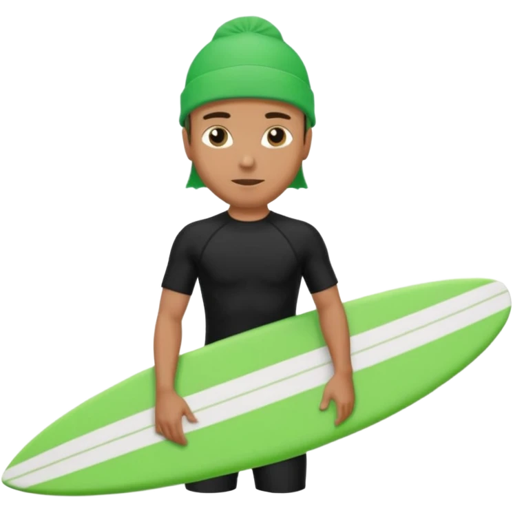 Un hombre sorteando con camisa negra con gorra para nadar y tabla verde  emoji