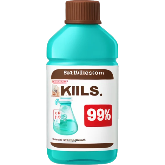 Turquoise Mouthwash bottle with white stickers and brown cap . the white stickers have small red letters that say kills 99% of batería  emoji