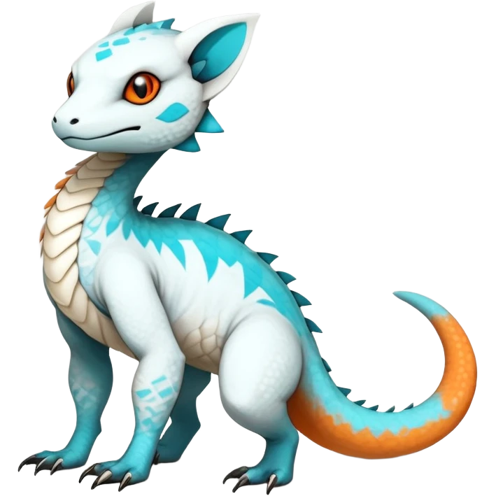 Rare realistic exotic cute white gloomy whitish and orange and cyan epic pretty beautiful handsome gorgeous aesthetic colorful vibrant Vernid-Trico-species-Fakemon-Salandit-hybrid-creature by LiLaiRa, 4 legs, 1 tail, random markings, (full body) emoji
