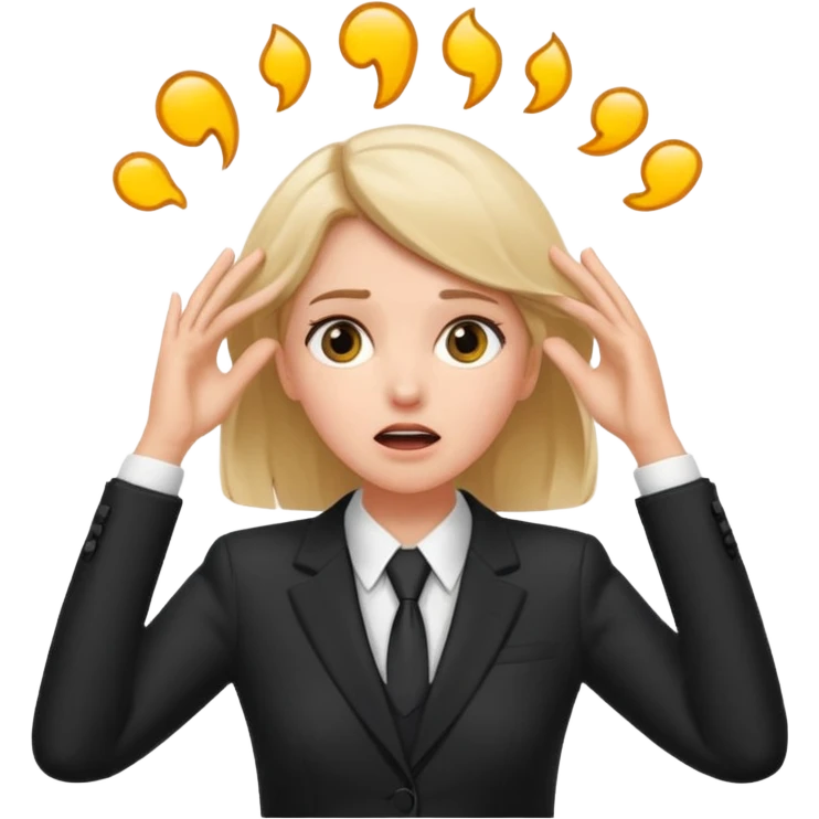 white girl in formal suit surprised, hands on head emoji