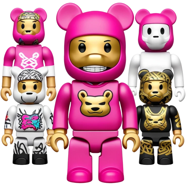 bearbrick toy figure wearing a bright pink balaclava with big pouty lips and gold grillz teeth visible, decorated with luxury brand logos and graffiti style patterns, striking a cool hip-hop pose with arms crossed confidently emoji