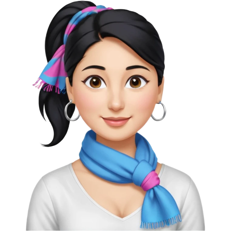 generate a pretty bratz emoji that looks like Kareena Kapoor's Geet character. 
Make her wear a white shirt with a colorful blue-pink scarf wrapped around her neck. smiling big. Black hair tied into a side part ponytail, silver hoops and no necklace

She should look exactly  like Kareena Kapoor emoji