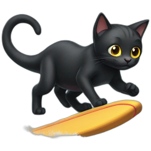 Black cat surfing on dinosor emoji