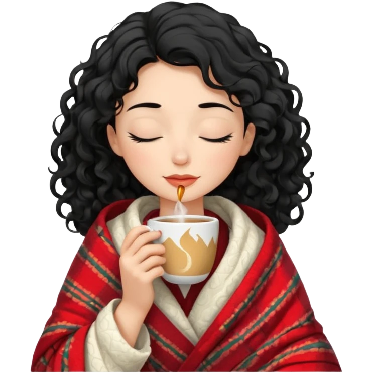 Gözleri kapalı, beyaz tenli ve dalgalı-kıvırcık siyah saçlı saç boyu orta omuzlarının biraz aşağısında bir kadın avatar, battaniyeye sarılmış halde beyaz bir Türk kahvesi fincanından içeceğini huzurla yudumluyor. emoji
