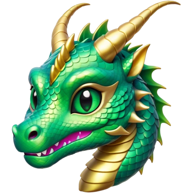 Cinematic Cute Dragon Portrait Emoji, Head tilted playfully and inquisitively, featuring a sleek, serpentine form adorned with iridescent scales that shift between emerald and gold, a delicate set of subtle horns, and round, sparkling eyes full of curious magic; rendered with realistic detail and warm natural light, high shine, affectionate and enchanting, styled with a touch of whimsical fantasy, soft glowing outline, capturing the essence of a mischievous yet lovable dragon that seems poised to slither playfully into your arms! emoji
