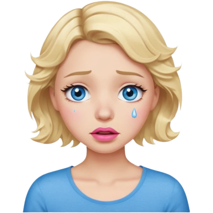 Girl Blonde short wavy hair,  blue eyes, cute blue top, long lashes, pink lips,crying with tears running down the face  emoji