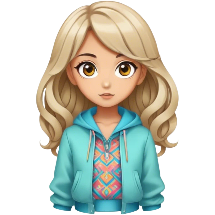 Pretty, stylish, anime style, character, real life, big eyes, cute, gorgeous hair, full body, stylish clothing, lady, young, romantic, colorful, detailed, cool design, aesthetic emoji
