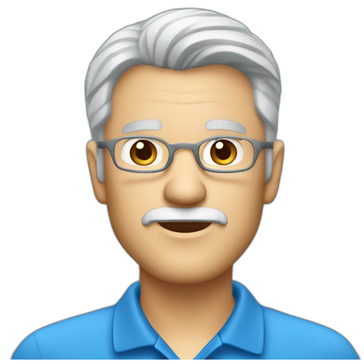 senior gray haired software engineer with goatee, blue eyes wearing a polo shirt.  emoji