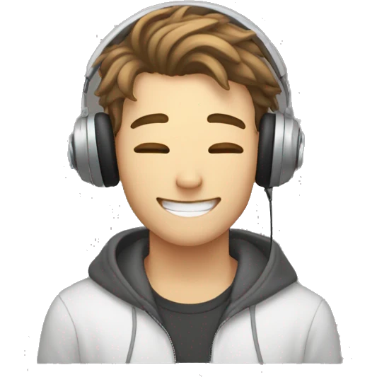 white 20yo guy, wearing a headphone, having a brown curtain mullet hair, cutely smiling with closed eyes and holding a heart in his hands emoji
