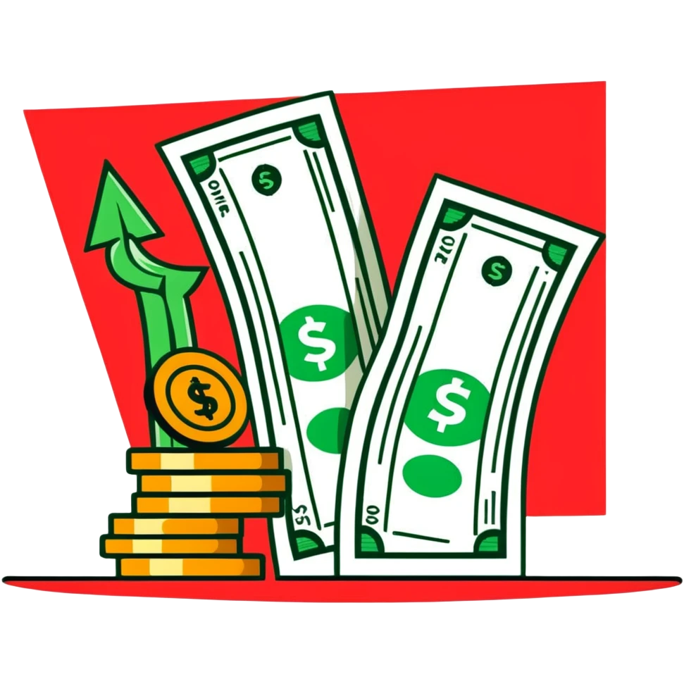 upward green arrow next to a tall growing stack of dollar bills and coins emoji
