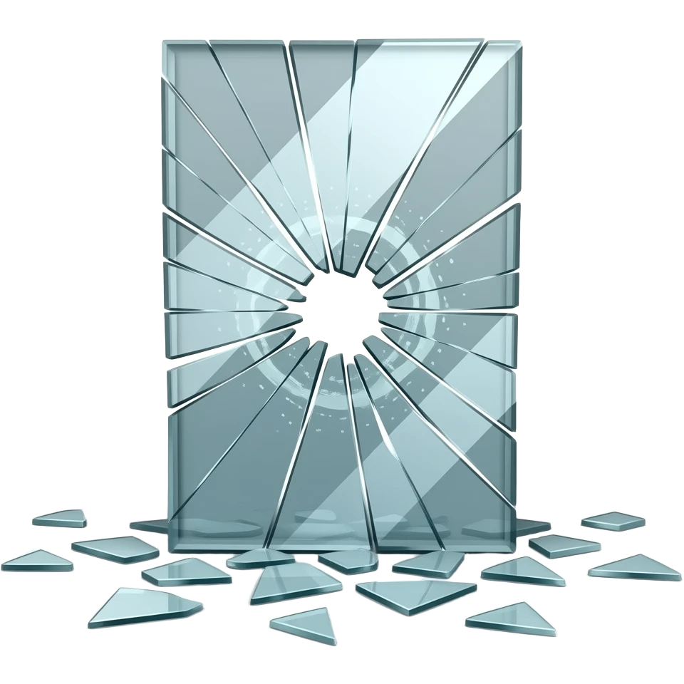 A shattered mirror rests on the ground, surrounded by scattered glass shards. Each piece reflects light with a subtle shine, forming a simple and polished scene in the style of an Apple emoji. emoji