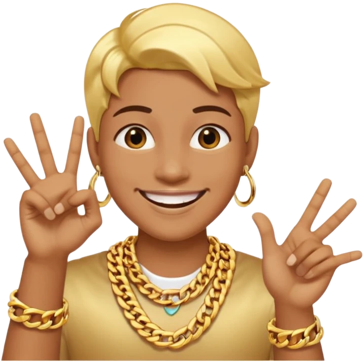 rapper emoji pointing at the camera, big smile, flashy jewelry emoji