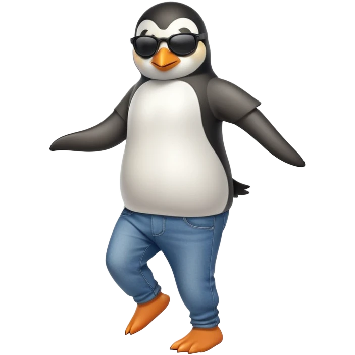 friendly anthropomorphised penguin in jeans and a t-shirt, wearing dark sunglasses, jogging upright, standard pose emoji