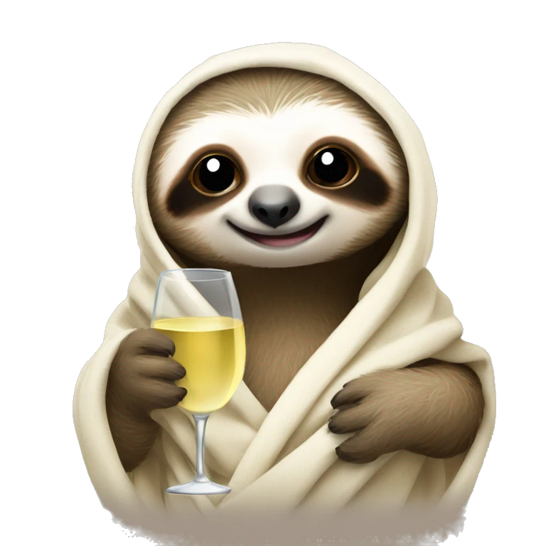 cute baby sloth wrapped in blanket holding a glass of white wine/prosecco emoji