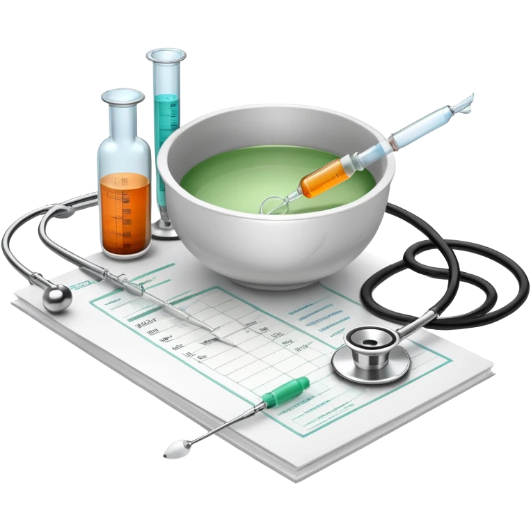 An icon featuring the Bowl of Hippocrates, a syringe, and a stethoscope, symbolizing medicine. The design includes a medical chart and lab tools, representing the practice of healing, diagnosis, and patient care. Transparent background highlights the science and ethics of medicine. emoji