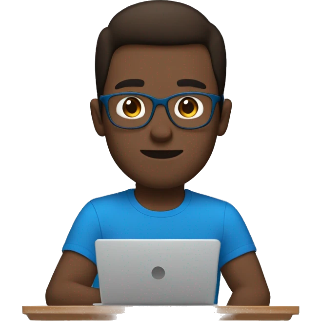 white guy with no beard dark brown hair brad pit style and square glasses typing in laptop wearing blue t-shirt emoji