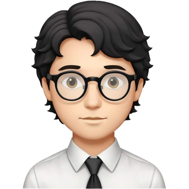 Young man with black wavy hair, round glasses, dressed for theater in smart casual outfit with dress shirt and tie emoji