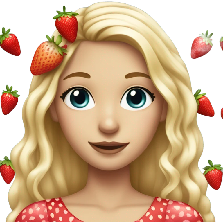 a beautiful girl, long blonde hair with strawberry in her hair, white skin, strawberry dress emoji