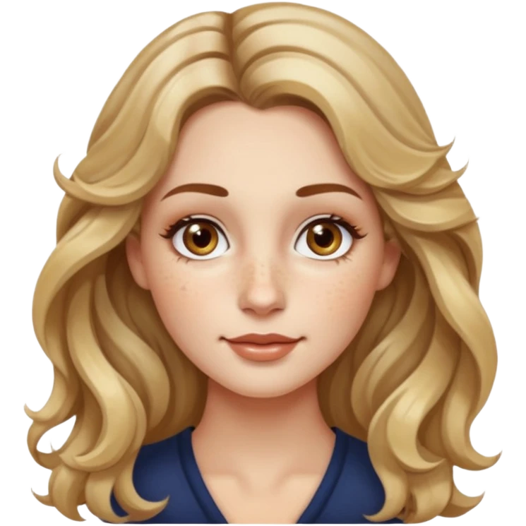 creative women with long dark Blond with highlights wavy hair white women, oval shape face hazel eyes long lashes freckles on the nose high cheek bones emoji