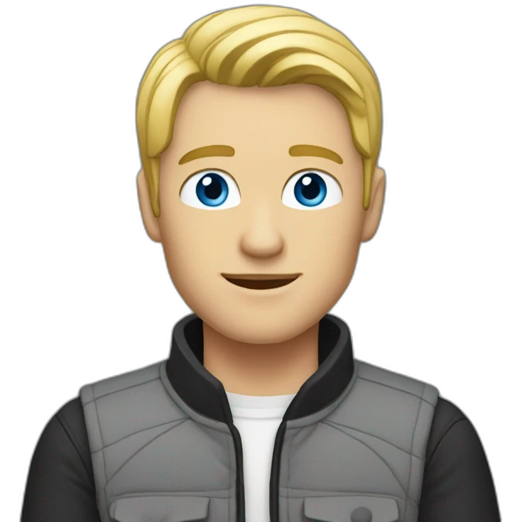 A blond man with blue-gray eyes is wearing a gray jacket and a black vest emoji