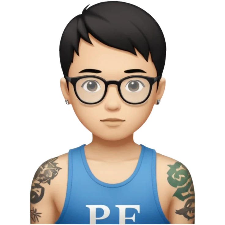 A young boy with A macbook laptop, black straight short hair, wearing glasses, wearing a tanktop, has tattoos, he is asian

Add the letters "P I F" floating around emoji
